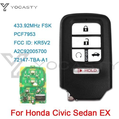 YOCASTY 5 Buttons 433MHzFor Honda CIVIC CR-V 2016 2017 2018 2019 NCF2951X / 47 CHIP Keyless Go / Entry Car Key 72147-TBA-A11