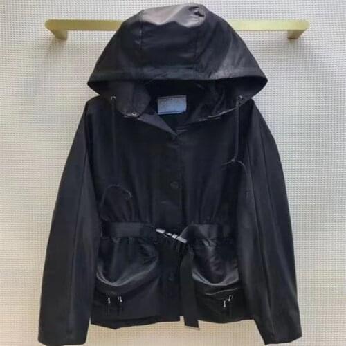 Women Luxury Brand Fashion Womens Spring And Summer PD Nylon Series Windbreaker Jacket Waist Hooded Big Pocket Design