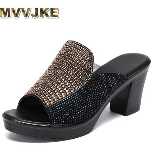 MVVJKE High heels sandals women genuine leather shoes sandals rhinestones platform 2020 new open toe women sandals size 35-41