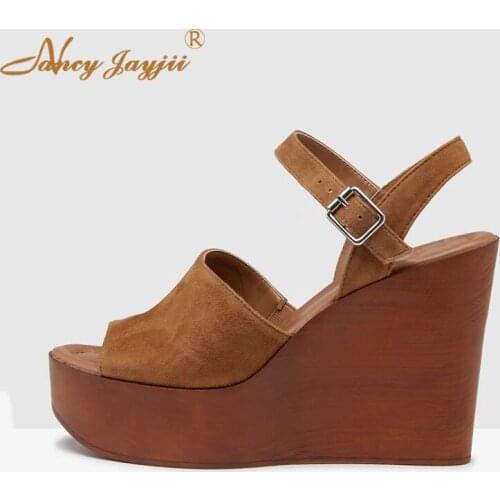 Wedges Platform High Heel Sandals Woman Shoes For Ladies Ankle-Strap Buckle Cork Pattern Dress Party Big Size 15 16 NANCYJAYJII