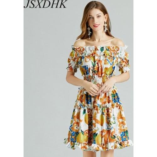 New Autumn Women Off Shoulder Boho Dresses Runway Ruffles Lemon Floral Print High Elastic Waist Holiday Beach Backless Vestidos