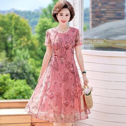 Women 2021 Summer Fashion O-neck Printed Dresses Female Middle-aged Chiffon Dress Ladies New Short Sleeve A-line Vestidos W38