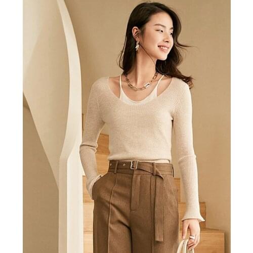 100% Cashmere Sweater Casual Style Fake Two Pieces Patchwork Knitwear Cashmere O Neck Long Sleeves Ladies Pullovers New Fashion