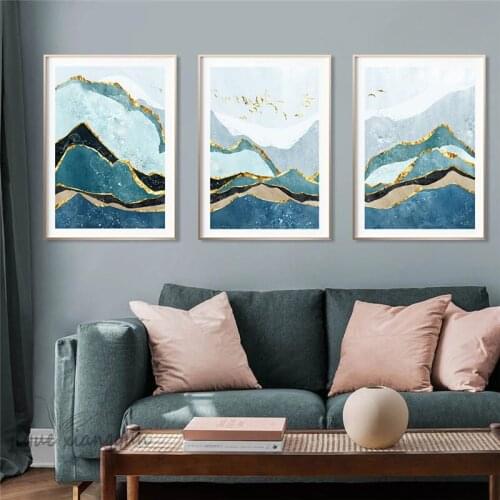 Abstract Mountain Bird Canvas Art Poster Nordic Print Blue Landscape Painting Modern Wall Paintings for Living Room Decor