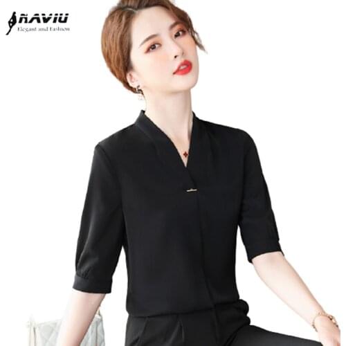 Black Chiffon Shirt Women New 2021 Summer Thin Fashion V Neck Design Casual Formal Blouses Office Ladies Work Tops White