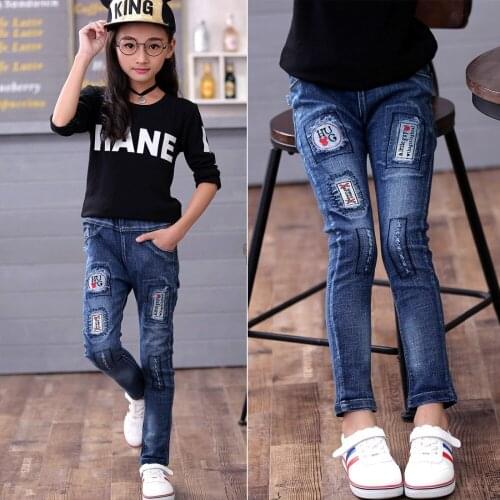 Children jeans for teenagers girls kids trousers casual Straight patch denim pant girls jeans for 4-12Y