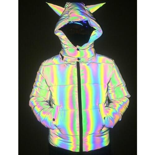 Hot Sale Women INS Colorful Reflective Winter Jacket Thick Long Sleeve Reflect Light Woman Parkas Fashion Streetwear Clothing