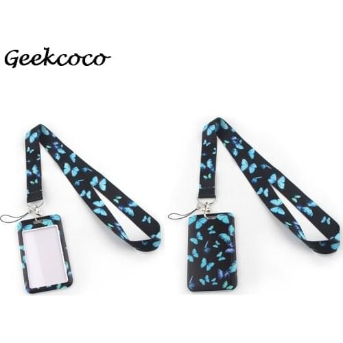 J1863 Butterfly Cute ID Card Holder Case Cartoon Lanyard Business Bus Bank Credit Card Cover PVC for Student Kid Badge Bag Gift
