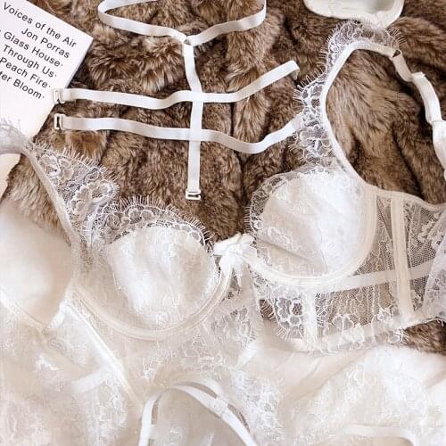 Sexy straps halter thin section lingerie steel ring gathering breast anti-sagging underwear set black and white bra with panties