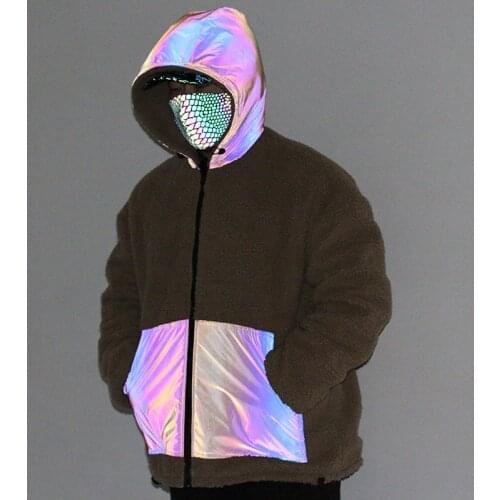 New Men Double-sided wear Lamb Wool Stitching Hooded Reflective Jacket Parkas Fashion Streetwear Hip Hop Gray Brown Male Coat