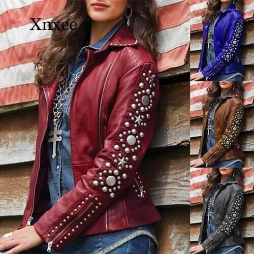 Womens Ladies Solid Lapel Zip Jacket Long Sleeve Coat New Look Studs Short Biker Outerwear Streetwear Short Coat Vintage Punk