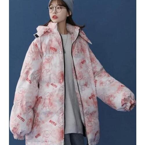 Fashion Cartoons Printed long style Windbreaker Jacket Zip Coats Jackets 2020 Winter Women Warm Thicken Outwear Loose Parka Coat