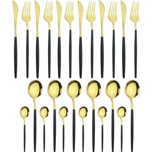 24Pcs Black Gold Dinnerware Set Stainless Steel Cutlery Set Knife Fork Coffee Spoon Tableware Set Western Kitchen Silverware Set