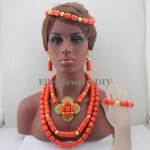 New Necklace Bracelet Earring Costume African beads Jewelry Set Nigerian Wedding Coral Beads Bridal Jewelry Set W13048