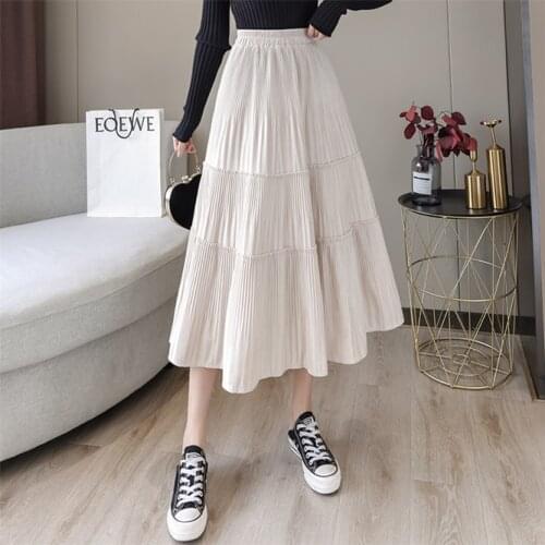 Autumn Winter 2021 Woman Half Length Golden Velvet Cake Skirt Pleated High Waist Slim Casual Girl A-line Skirt Beige