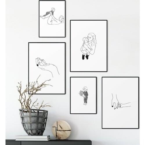 Mother and Child Line Drawing Poster Minimalist Wall Art Canvas Print Painting Nordic Pictures for Kids Baby Nursery Room Decor