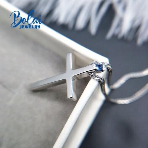 Cross pendant with natural blue sapphire gemstone necklace 925 sterling silver fine jewelry unisex best gift bolai jewelry