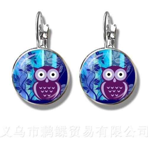 Owl Pattern Earrings Insect Art Picture Glass Cabochon Dome Silver Plated Stud Earrings For Women Girls Best Gift