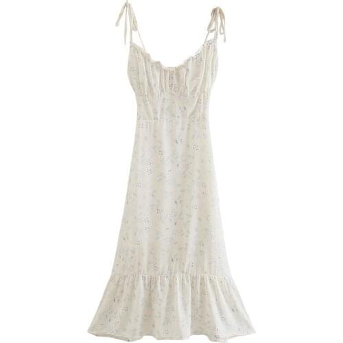 2021 Retro Leaves Print Sling Dress Ivory Sexy Ruched V Neck Elastic Waist Chiffon Spaghetti Strap Dress Holiday Robe