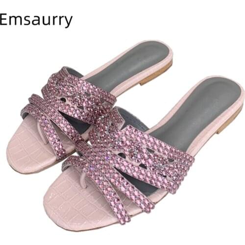 Sexy Gold Real Leather Flip Flops Luxury Rhinestone Crystal Flat Heel Lazyman Mules Stone Grain Diamond Summer Slippers Women