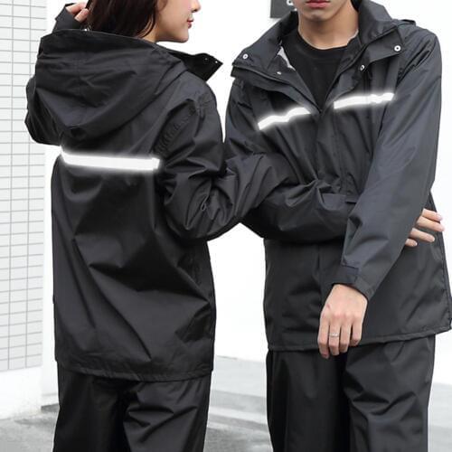 Two-piece Unisex High Visibility Reflective Hooded Raincoat Pongee Long Sleeve Waterproof Breathable Pants Set Rain Suit