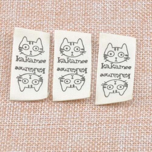 Cute cat Stock clothing label tags Beige Woven tagging labels for Clothing Shoes Bags Washable Garment Tags 21x42mm 50pcs cp1538