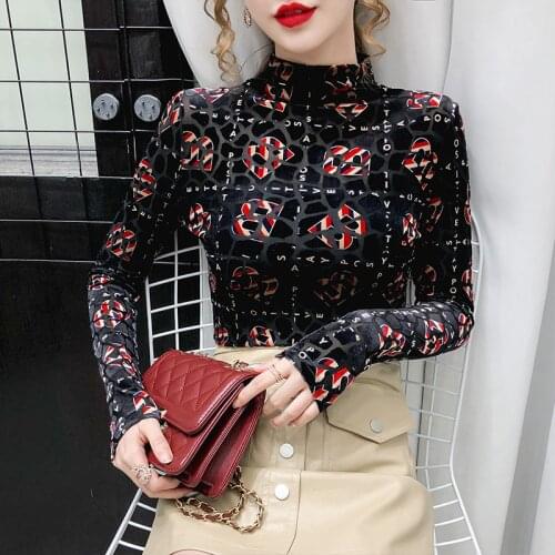 Letters print velvet tops long sleeve woman tshirts 2020 autumn winter hollow out velour t shirt half-turtleneck mujer camisetas