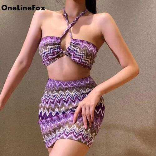 OneLineFox Womens Knitted Skirts Sets Cut Out Tie Up Halter Top Bodycon Mini Skirts 2 Piece Sets Outfits Summer Y2k Matching