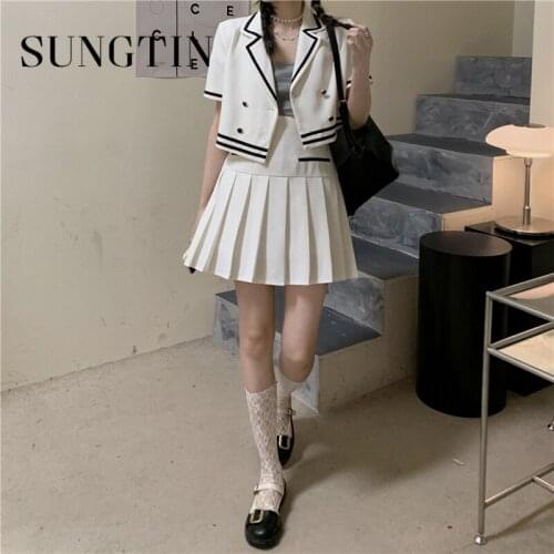Sungtin Harajuku Women 2 Piece Sets Cute Stripe Design Short Blazer High Waist Pleated Skirts Design Kawaii Korean Fashion Sets