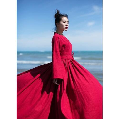 Aransue Hanfu Linen Long Dress With Belt 2021 Spring And Summer New Retro Slim Long Sleeve Waist Closing Red Robe Female