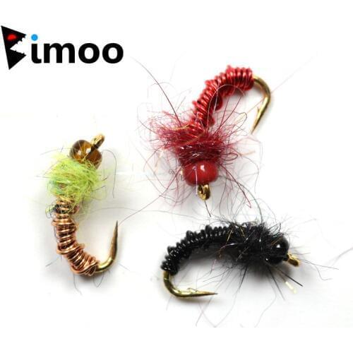 Bimoo 12pcs Deep Brassie Black Red Gold Midges / Chironomids Buzzers Bead Head Nymphs Flies Salmon Trout Fly Fishing Lures