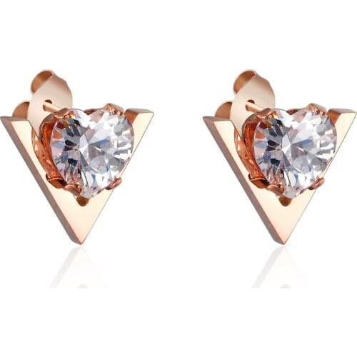 Hot Sale Fashion Cute V Shape And Heart Crystal Woman Stud Earrings Stainless Steel Women Jewelry Gift Gold Color Love Earring