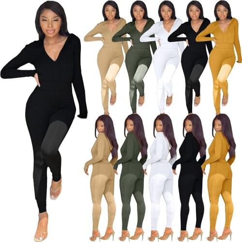 Hooded Zipper Neck Long Jumpsuit Women Autumn Winter Long Sleeve Rompers Overalls Bodysuits Long Pants One Piece Sport Outfit
