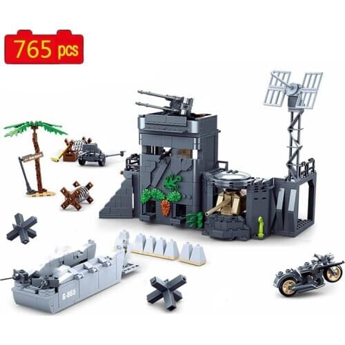 Military series WWII Normandy Hovercraft landing Seaside Battle Fortress Mini Combat Motorcycle Building Blocks Toys Gifts