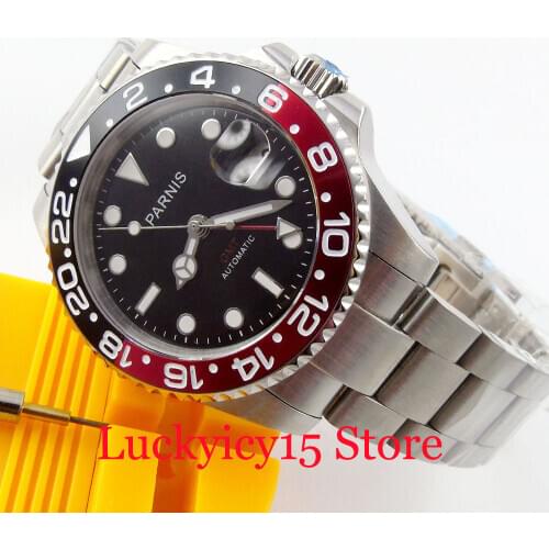 PARNIS Men Automatic Watch 40mm GMT Hand Black Red Bezel Stainless Steel Bracelet Auto Date Sapphire Glass