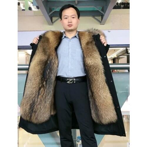 Mens Fur Coat Winter Parka Real Muskrat Fur Jacket Raccoon Fur Collar Long Hooded Warm Plus Size Overcoat