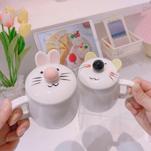New Kawaii Mug Big nose rabbit heat-resistant cup with lid cup milk coffee ceramic mug children cup office gifts