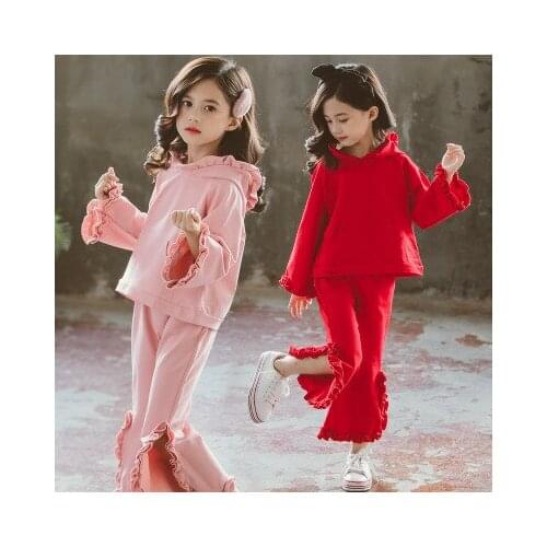 New spring and autumn 5-10 years old girl fashion female big solid color casual solid color ruffle childrens fashion two-piece