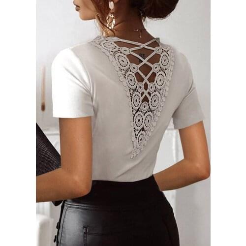 Short Sleeve Solid Color Summer Slim Pullovers Top Sexy Lace T-Shirts for Women Back Hollow Out Design Lace Decor V-Neck