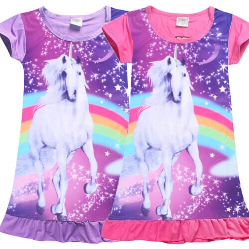 Solid Summer Girl Nightwear 4Y-10Y Kids Girls Unicorn Horse Top T Shirts Dress Nightwear Nightdress Pyjamas Clothes