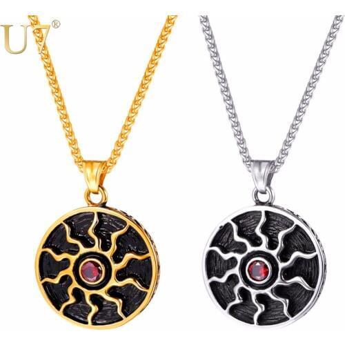 U7 Necklace Stainless Steel Red Rhinestone Mystic Retro Sun Totem Pattern Pendant & Chain Gold Color New Jewelry Necklaces P1152