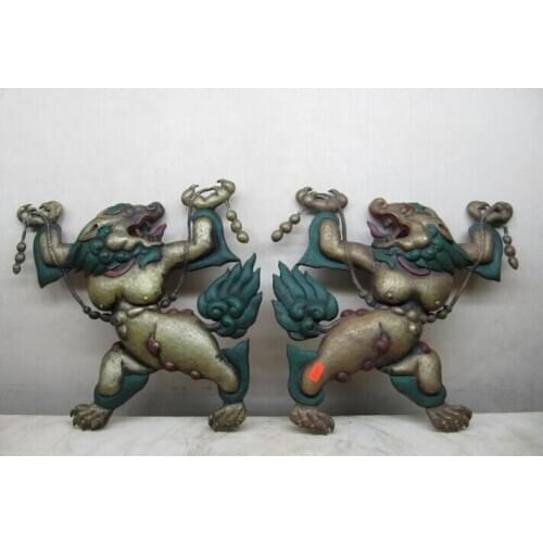 Song voge gem S0677 Chinese Folk Old sheet copper painted handwork made Evil Kylin Foo Dog Lion Pair