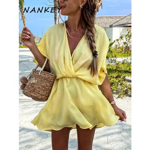 NANKEY Women Banana Yellow Sun Protection Dress Summer Holiday Casual Satin Soft Transparent Beach Style Bikini Outwear