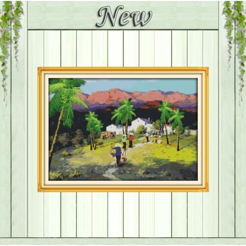 Market Vietnam Folk customs mountain decor painting counted print on canvas DMC 11CT Cross Stitch Needlework Set Embroidery kits
