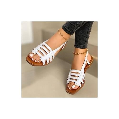 Flat Sandals Ladies Summer Outdoor Fashion Leather Flat Shoes Round Toe Elegent Slipper Adjustable Buckle Strap Casual Sandals