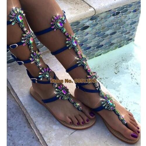 Colorful Crystal Glittering Flat Sandals Women Shoes Clip Toe Shoes Gold Big Size Gladiator Beach Boots Bling Bling Detachable
