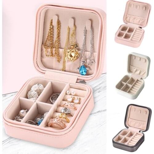 PU Fibre Jewelry Box Portable Storage Organizer Earring Holder Zipper Women Jewelry Display Travel Case