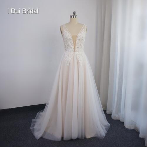 Plunging neckline Deep V Wedding Dresses with Tulle Skirt Beaded Lace Bridal Gown Factory Custom Made Real Photo