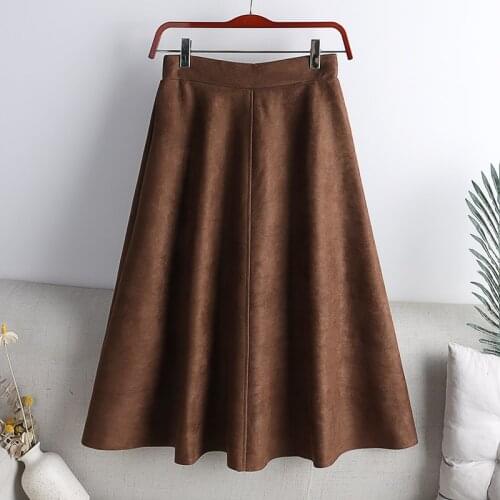 TIGENA Suede Skirt for Women 2021 Autumn Winter Casual Solid Faux Leather A Line High Waist Knee Length Skirt Female Brown