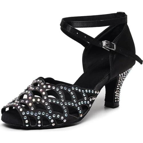 Woman Rhinestone Latin Ballroom Dance Shoes Red Black Soft Bottom Bachata Salsa Dancing Shoes For Gilrs Latino Dance Sandals